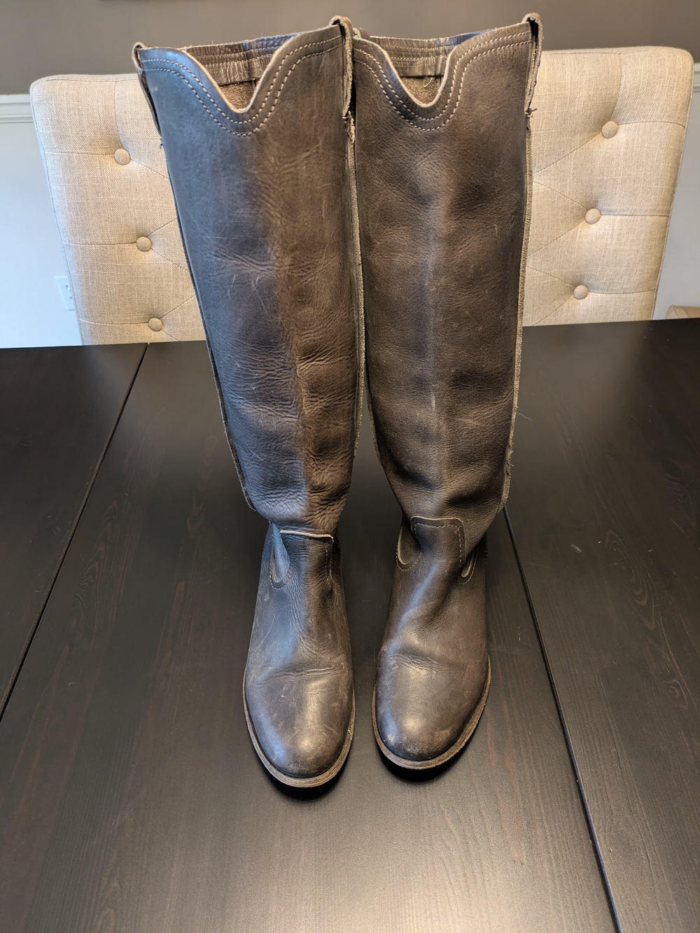 FRYE Cara Tall Leather Riding Boots - Smoke Grey/Brown - Women's Size 8